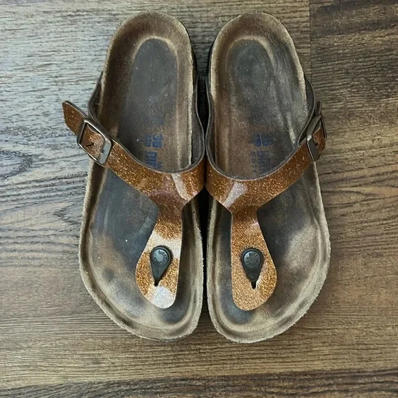 Birkenstock Gizeh Thong Sandal Cosmic Sparkle Orange Glitter Patent Sandals 36 - Picture 2 of 4